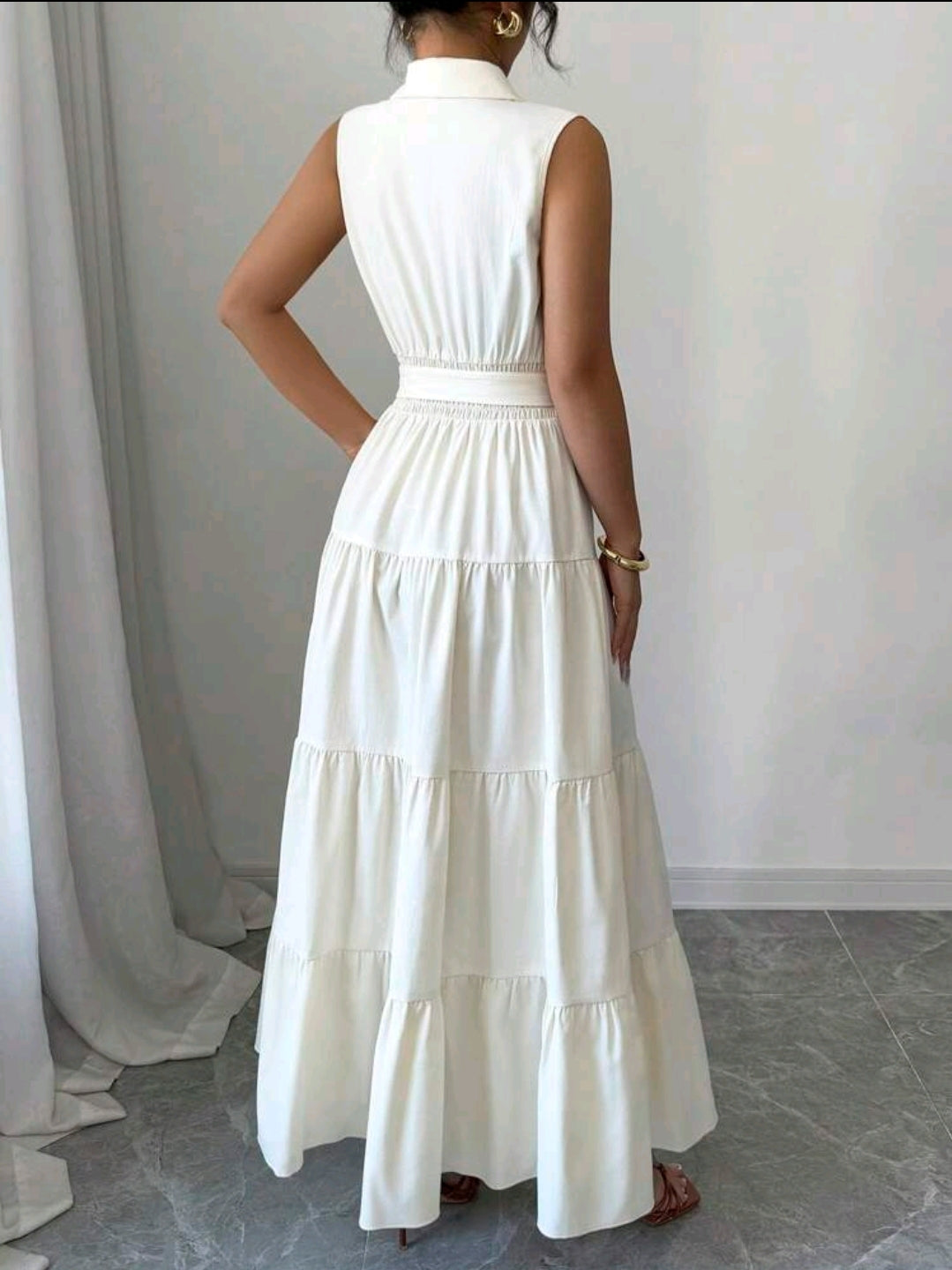 Elenzga Robe longue pour femmes avec col, boutons et ceinture