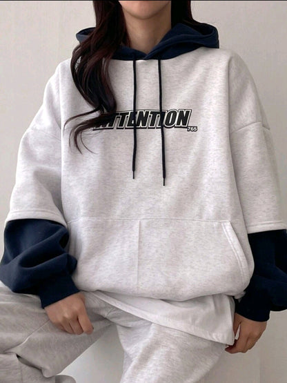 DAZY Sweat-shirt à capuche à imprimé lettres bicolore pour femmes, hauts à manches longues