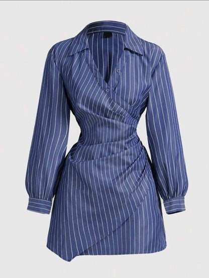 SHEIN MOD Robe femme à manches longues avec volants, imprimé rayures bleues et blanches, croisé sur le devant.