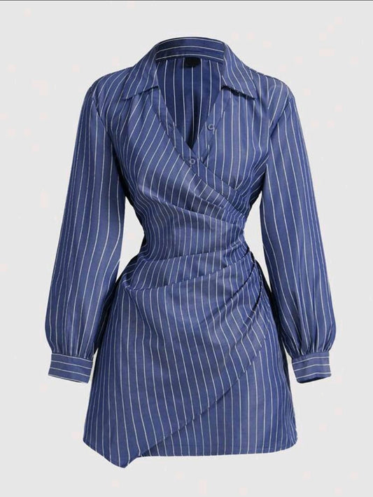 SHEIN MOD Robe femme à manches longues avec volants, imprimé rayures bleues et blanches, croisé sur le devant.