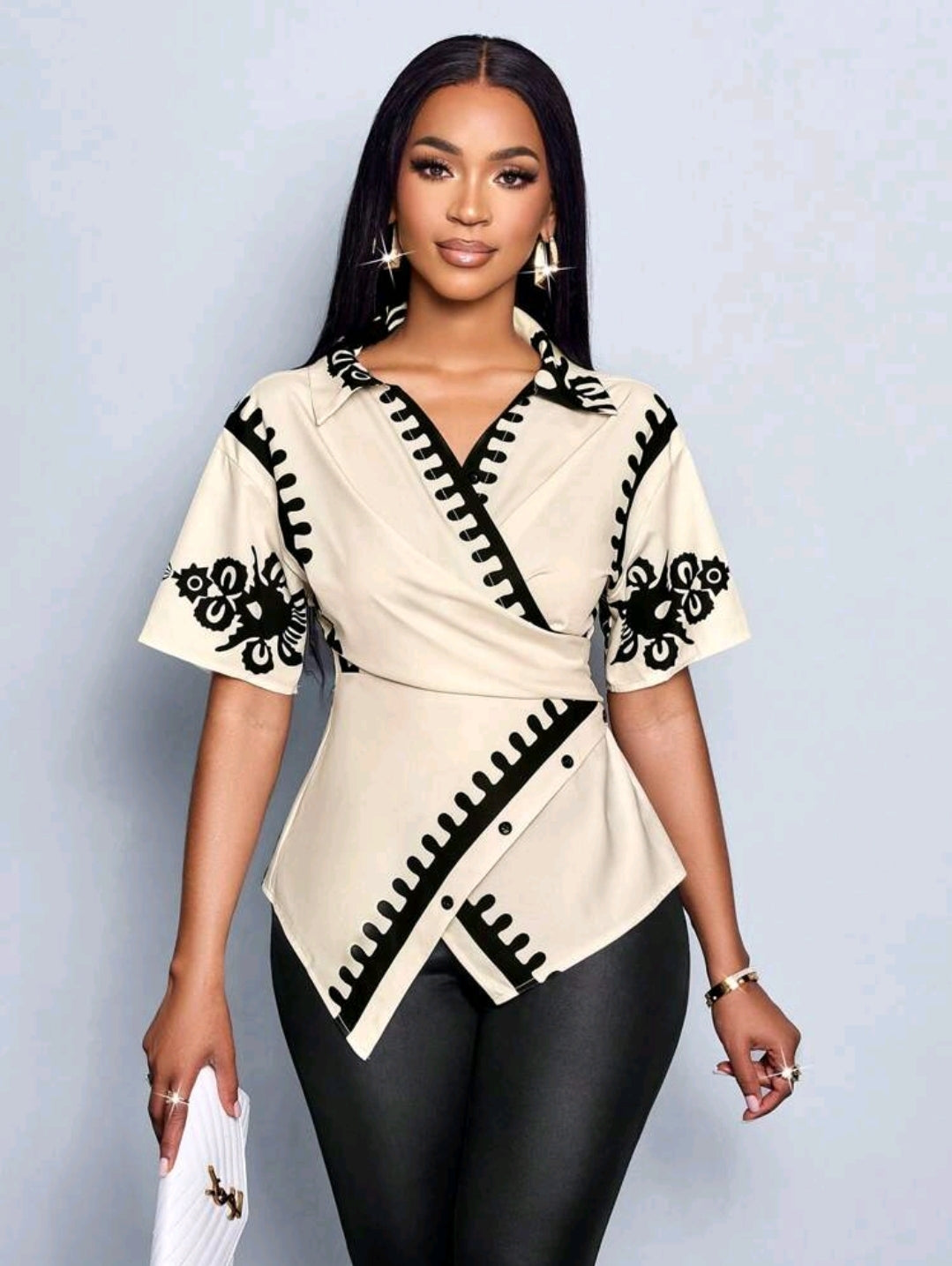 SOLERSUN Blouse élégante pour femmes avec manches chauve-souris, taille resserrée et imprimé, style croisé