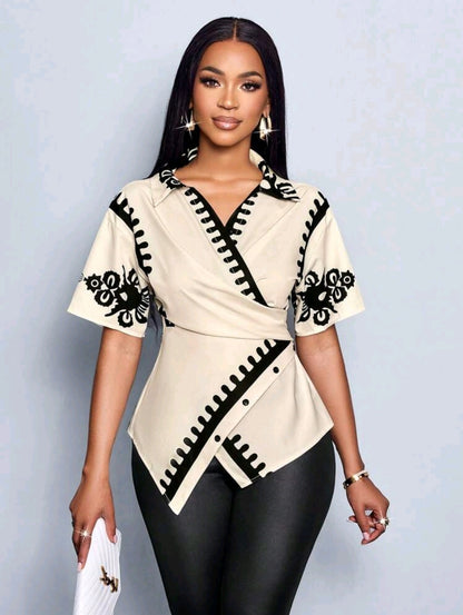 SOLERSUN Blouse élégante pour femmes avec manches chauve-souris, taille resserrée et imprimé, style croisé