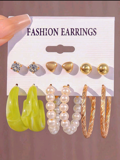 6 à 12 paires de nouveaux ensembles de boucles d'oreilles perles cœur simple et créoles en C, combinaison de créoles en résine