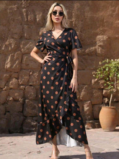 Robe à col en V, taille haute asymétrique