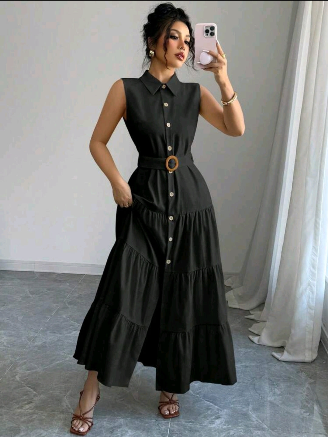 Elenzga Robe longue pour femmes avec col, boutons et ceinture