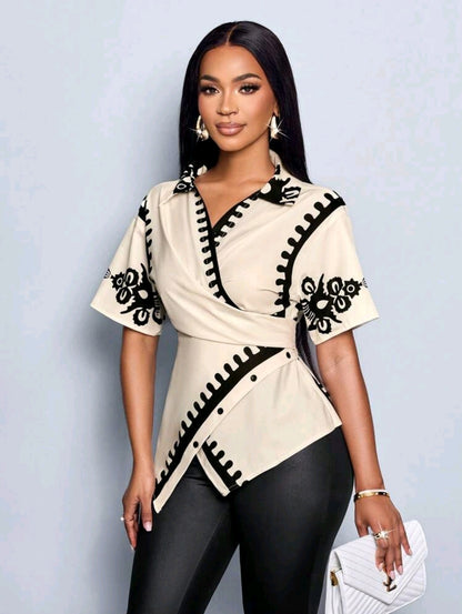 SOLERSUN Blouse élégante pour femmes avec manches chauve-souris, taille resserrée et imprimé, style croisé