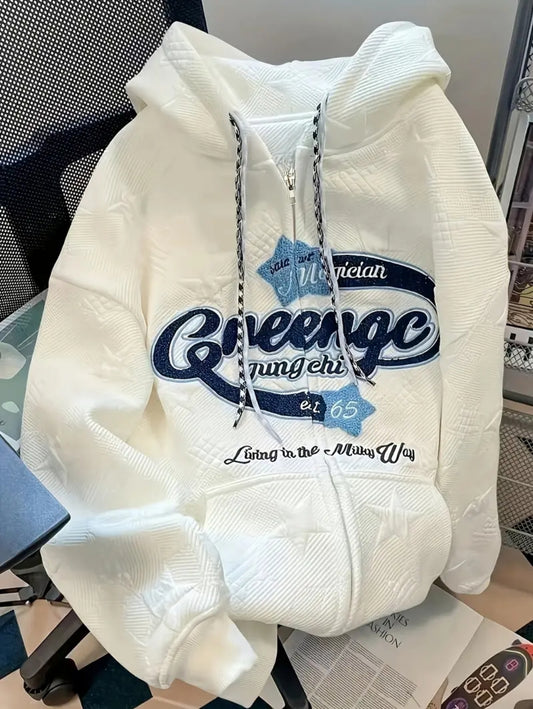 Sweat à Capuche Brodé Blanc pour Femme - Motif Montagne et Lettres, Coupe Décontractée Légère pour Printemps/Automne