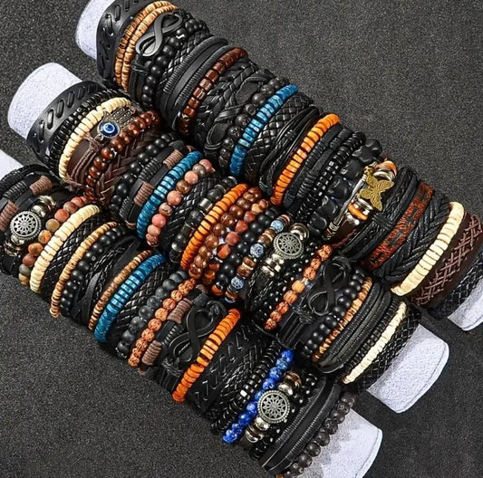 Ensemble de 18/36 Bracelets pour Hommes avec Perles en Bois et Combinaison en Cuir PU