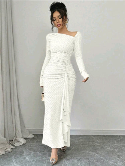 Elenzga Robe maxi élégante en tricot texturé de couleur unie à manches longues
