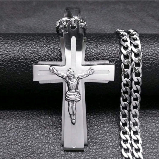 Collier croix de Jésus Chaîne en acier inoxydable pour femmes Collier croix argent pour hommes Collier religieux Cruz Collier unisexe Accessoires mode couples Cadeau