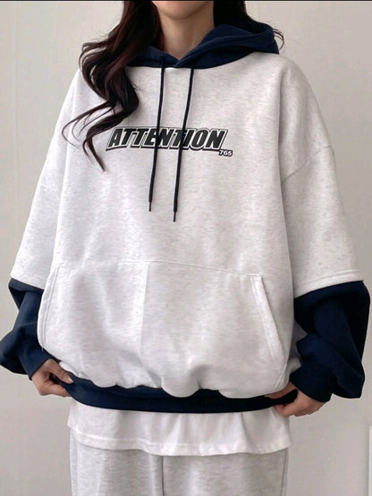 DAZY Sweat-shirt à capuche à imprimé lettres bicolore pour femmes, hauts à manches longues