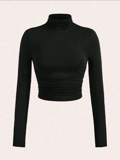 SHEIN EZwear T-shirt court froncé à col haut pour tenues de printemps