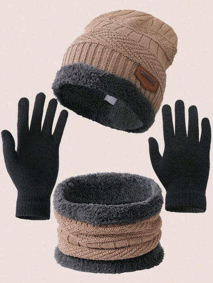 3 pièces Ensemble bonnet tricoté d'hiver, écharpe tour de cou et gants à double couche