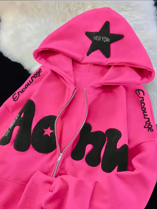 Sweat-shirt à capuche élégant pour femme avec alphabet brodé, haut décontracté