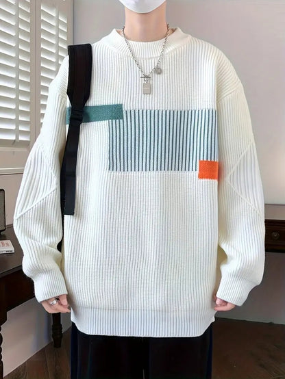 Pull Tricoté à Rayures et Blocs de Couleur pour Homme, Pull Décontracté à Manches