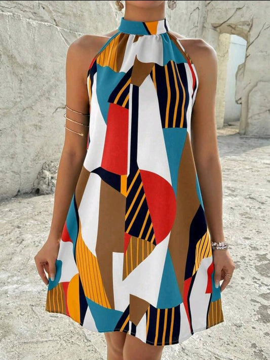 Breezaya Robe d'été à col ras-du-cou avec imprimé géométrique, tenue de plage pour les femmes