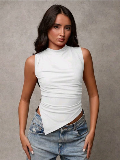 SHEIN BAE Top décontracté pour femmes à ourlet asymétrique froncé et sans manches, convient pour le trajet domicile-travail