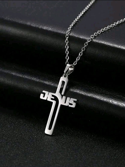 1 pièce Collier pendentif croix de Jésus en acier inoxydable pour homme, design classique à double couche de poisson de Jésus
