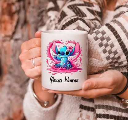 Tasse en céramique personnalisable 11oz Stitch - Nom personnalisé, design coloré, idéal pour le café,