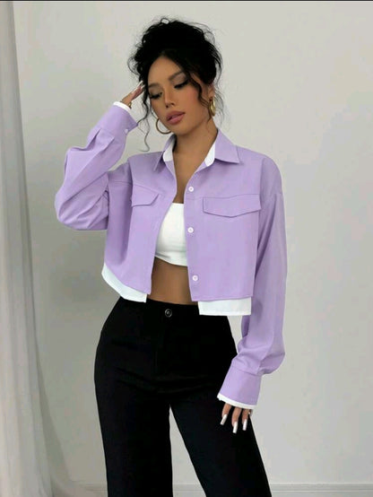 Chiquease Nouvelle blouse à manches longues avec couleurs contrastées pour femmes, en tissu tissé, col rabattu