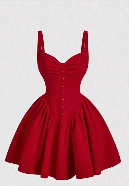 Robe rouge à manches courtes pour femmes avec décorations plissées
