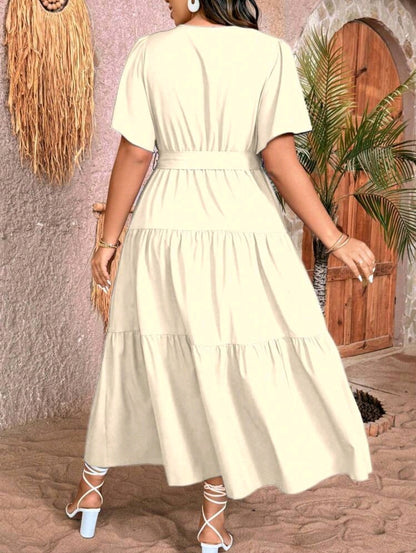 Breezaya Robe mi-longue élégante à col en V et volants, manches courtes, grande taille pour femmes