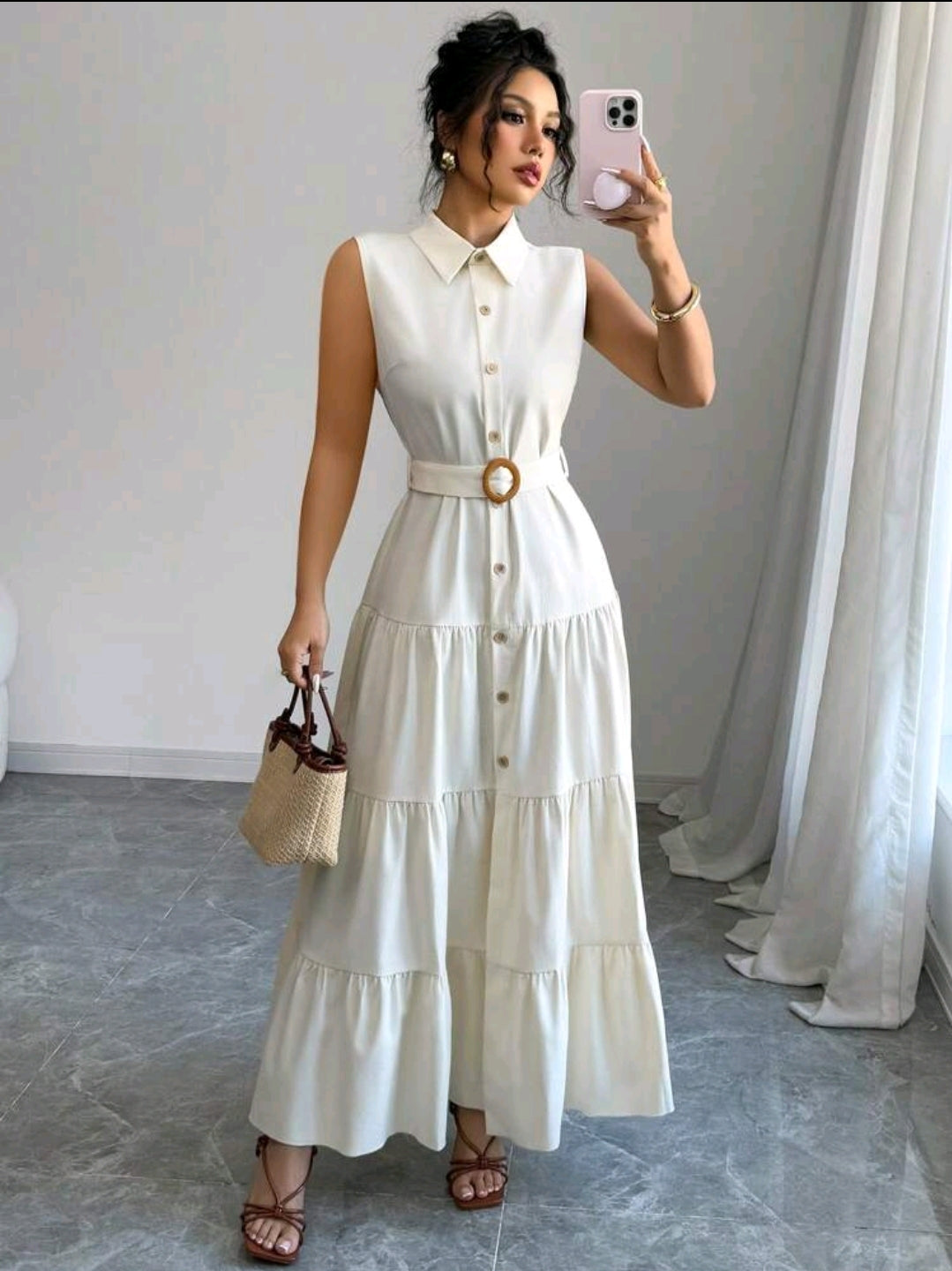 Elenzga Robe longue pour femmes avec col, boutons et ceinture
