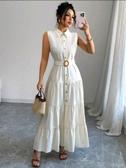 Elenzga Robe longue pour femmes avec col, boutons et ceinture