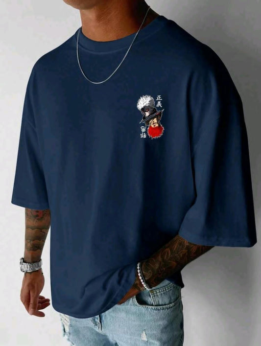 T-shirt d'été bleu marine à col rond simple pour homme avec imprimé anime, manches courtes