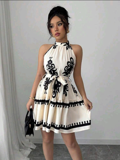 Elenzga Robe décontractée courte à col ras-du-cou avec imprimé floral, idéale pour les vacances