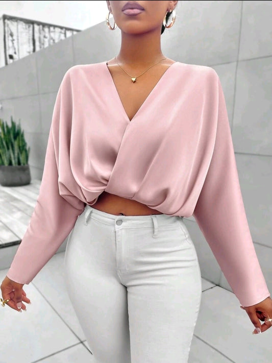 SOLERSUN Femmes Blouse en satin à col V, manches chauve-souris, couleur unie.