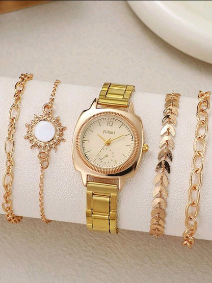 5 pièces/set Montre à quartz à cadran rond en acier de style mode mélangé avec bracelet décoré de feuilles.