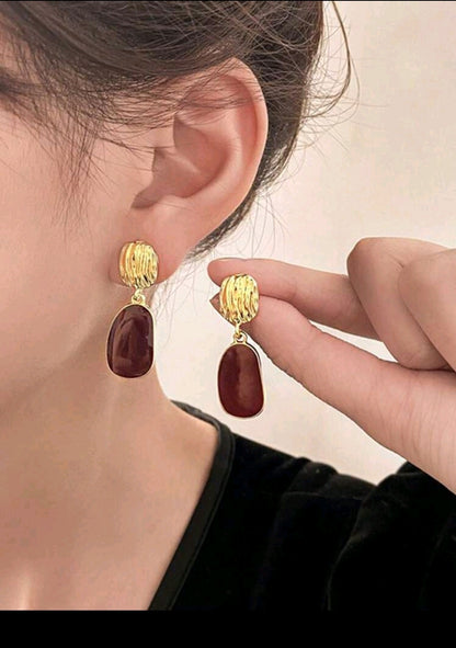 5 pièces/Set Boucles d'oreilles à clous carrées avec fleurs bordeaux émaillées et fausses perles