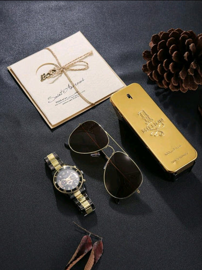 5 pièces/Set Montre de luxe élégante + Lunettes de soleil, carte de vœux, cadeau idéal pour anniversaire, fête des pères, Thanksgiving