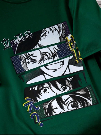 Manfinity Hypemode T-shirt graphique à motif de personnage masculin et de lettre japonaise, vêtements d'anime. T-shirt noir à motif graphique pour hommes, vêtements graphiques pour hommes