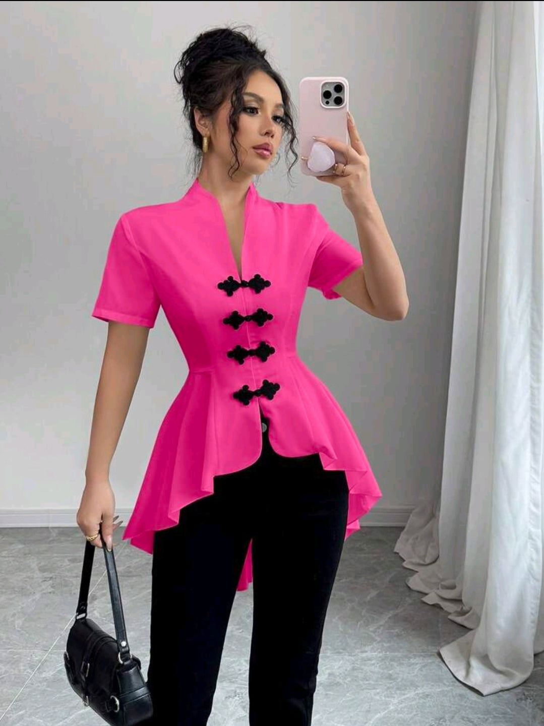 Elenzga Chemise décontractée 2024 pour femmes à boutons devant, décoration et ourlet asymétrique