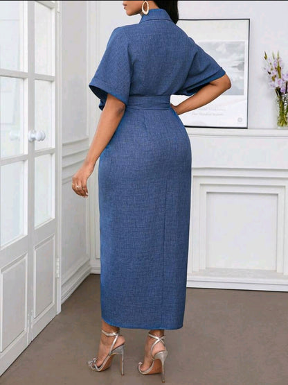 Robe de bureau, robe de vacances, robe chemise à volants bleue unie effet denim pour femmes