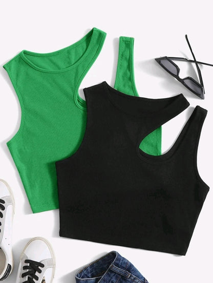 2 pièces Ensemble de débardeurs moulants en tricot de couleur unie pour femmes, Printemps/Été