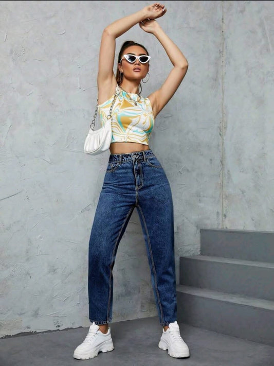 Jeans vintage effilés à taille haute lavés de manière décontractée