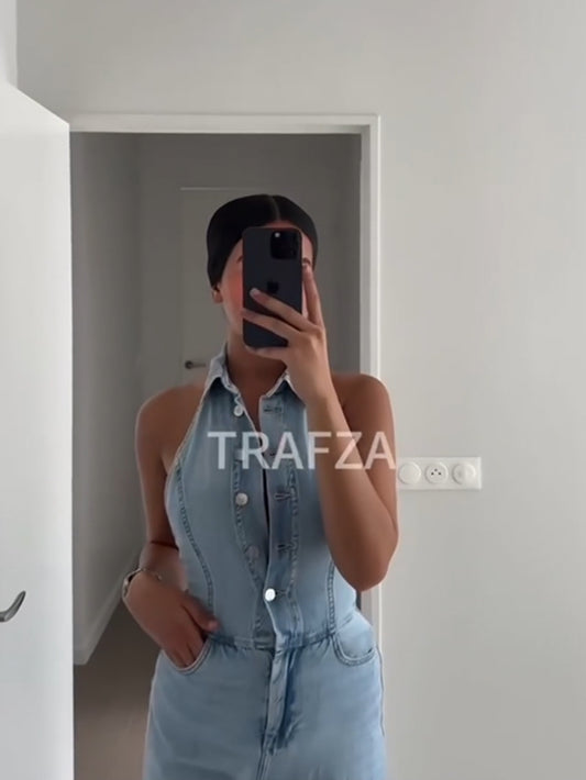 TRAFZA-Combinaison Denim pour Femme, Bleu, Poches Dos aux, Simple Boutonnage, High Street, Été