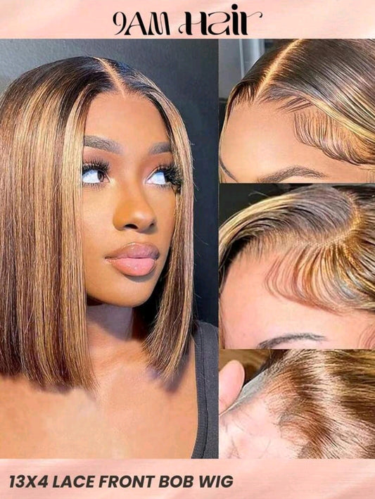 Perruque Bob avec mèches, perruque frontale en dentelle 13x4 en cheveux humains, dégradé brun P4/27 miel blond, perruque Bob en cheveux humains