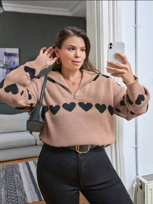 Femme grande taille Tricot Henley ample à manches longues à épaules tombantes avec motif cœur