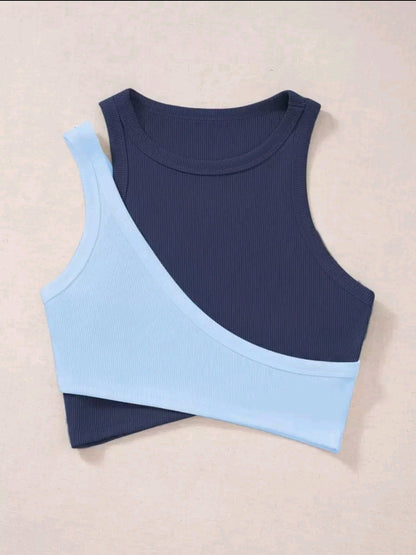 Flirla Top sans manches court bicolore découpé