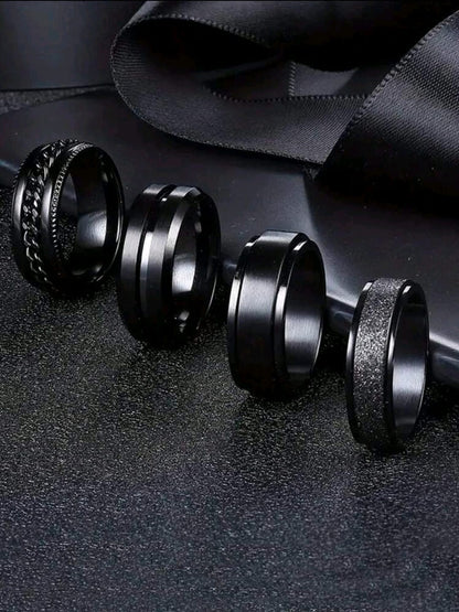 4 Pièces/ensemble Bague De Conception En Relief Noire