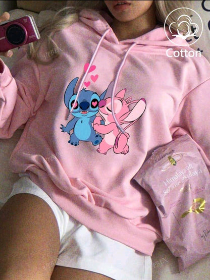 Disney Sweat-shirt à capuche rose en coton à épaules tombantes pour femme, imprimé Stitch et Angie