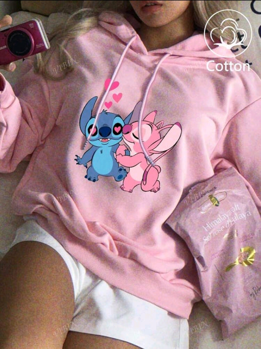 Disney Sweat-shirt à capuche rose en coton à épaules tombantes pour femme, imprimé Stitch et Angie