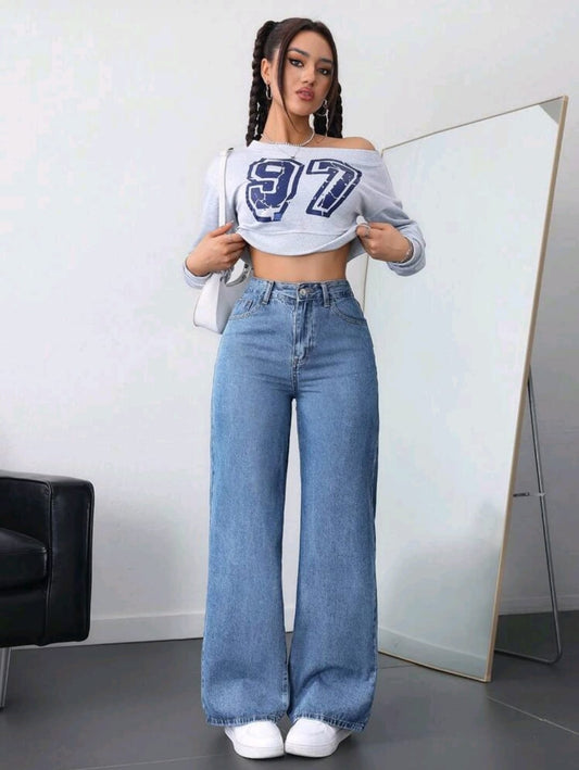 Jeans en denim délavé à taille haute ample et évasé, style décontracté