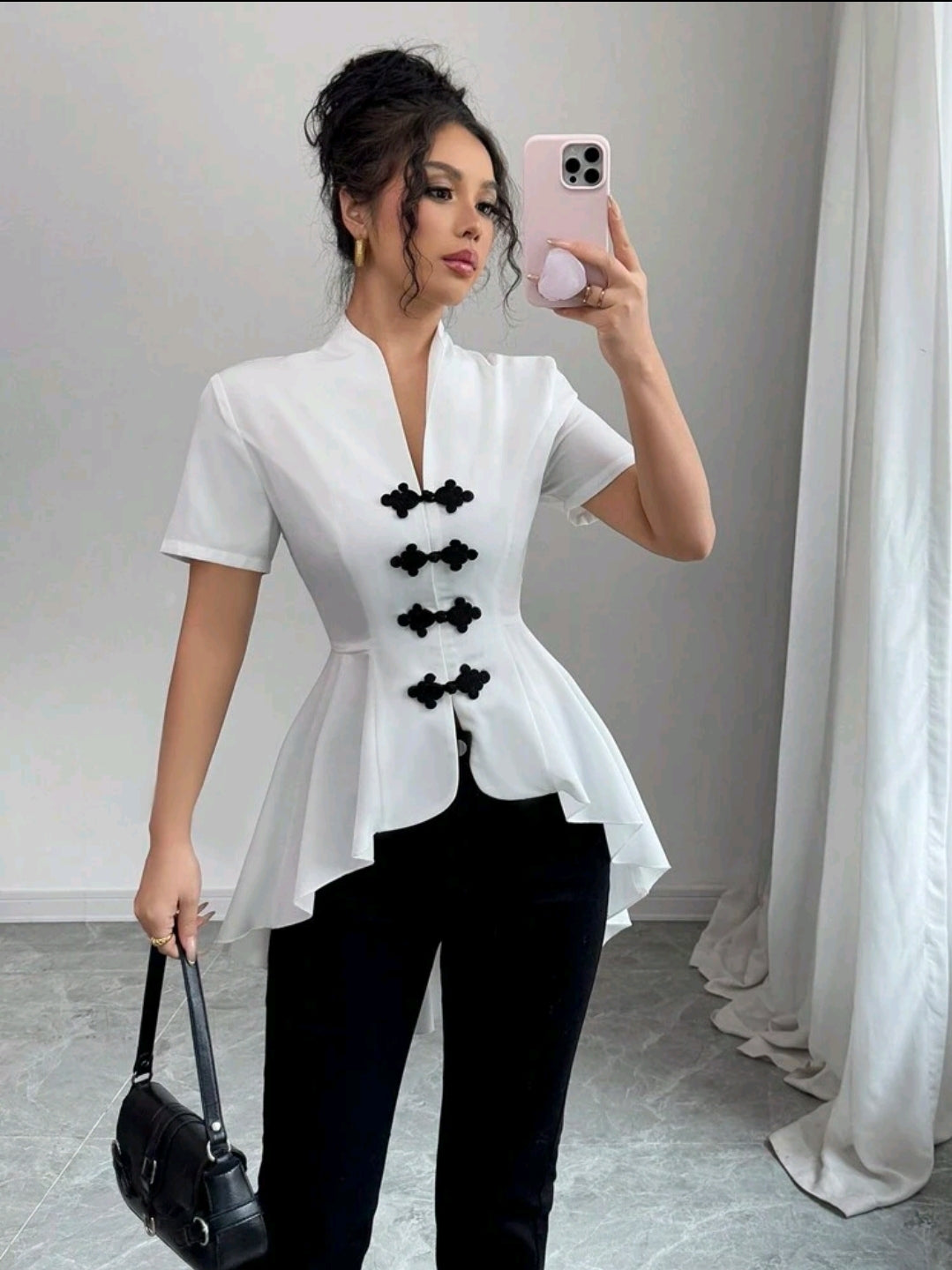 Elenzga Chemise décontractée 2024 pour femmes à boutons devant, décoration et ourlet asymétrique