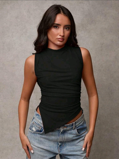 SHEIN BAE Top décontracté pour femmes à ourlet asymétrique froncé et sans manches, convient pour le trajet domicile-travail