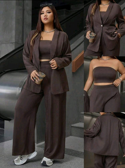 Calvaya Ensemble costume d'affaires de 3 pièces en grande taille pour femmes : blazer élégant et décontracté de couleur unie